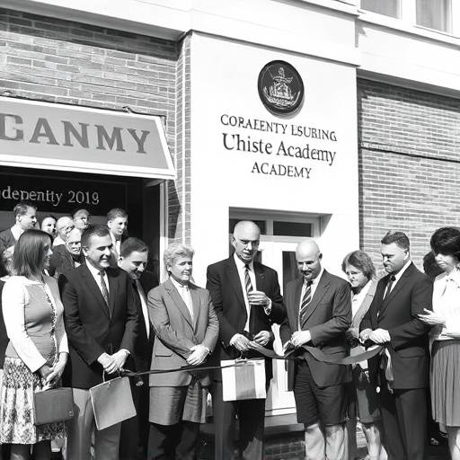 Black and white historical photo of Academy Founding Day celebration with speeches and ribbon cutting.