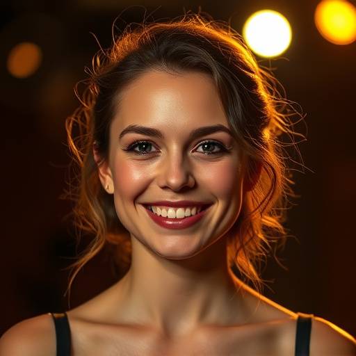 Photo of Olivia Moreau smiling warmly with stage lighting in the background